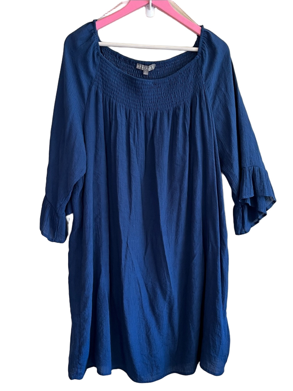 Sharagano Size 3X Navy Blue Smocked Yoke Bell Sleeves Lined  Midi Dress
